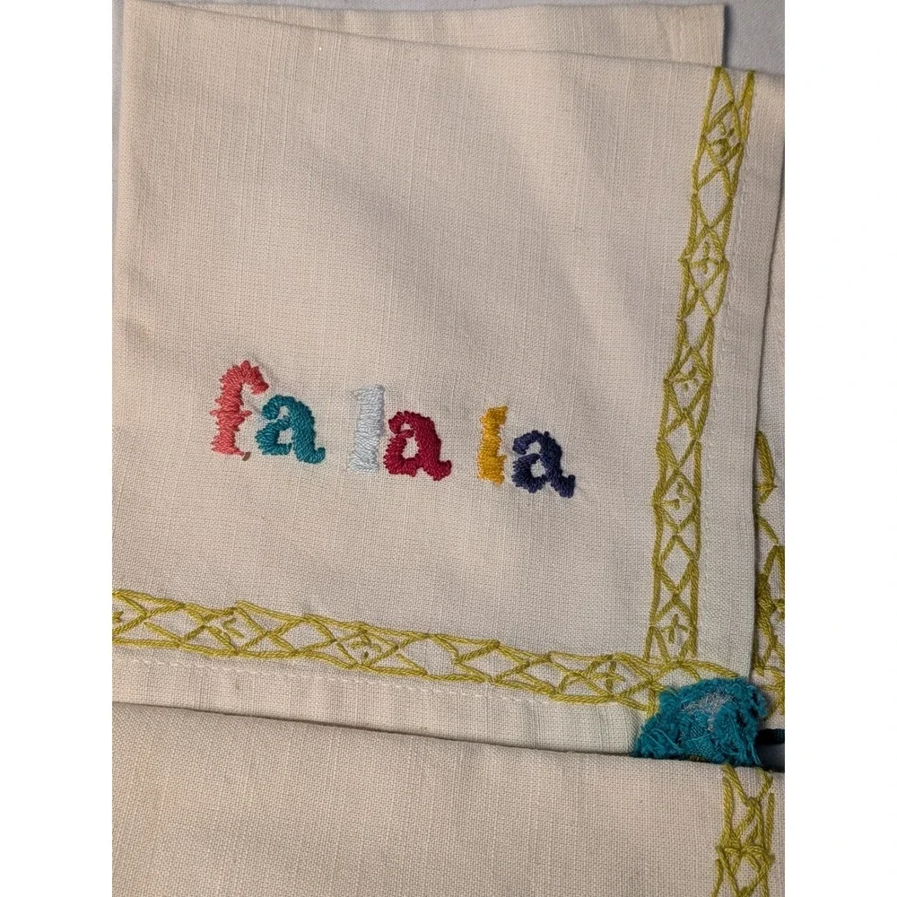 Set of 4 Fa La La Embroidered Christmas Napkins Cream with Teal Pom Tassels